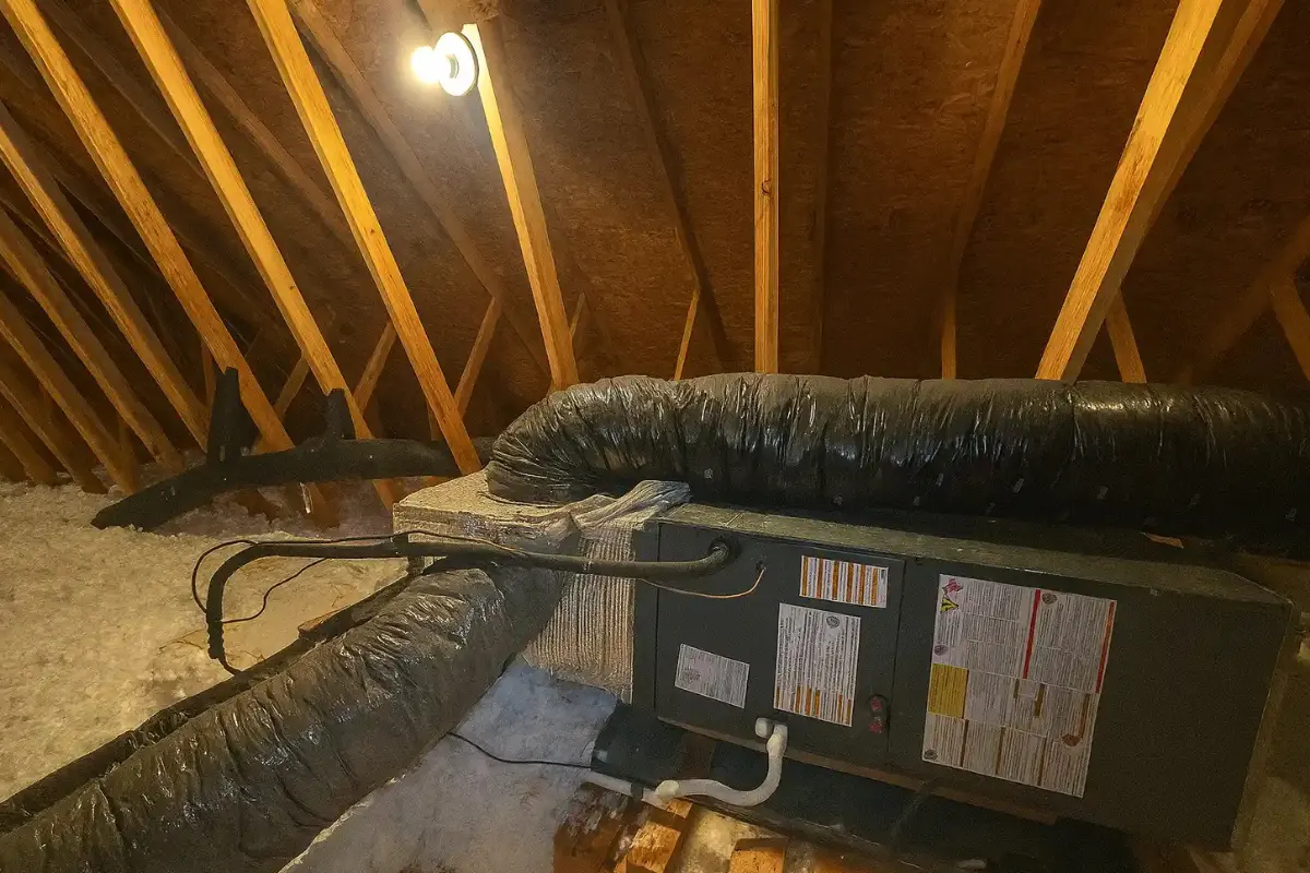 Attic air handler connected to insulated ductwork during a cooling system service, illustrating the work of an air conditioning contractor in