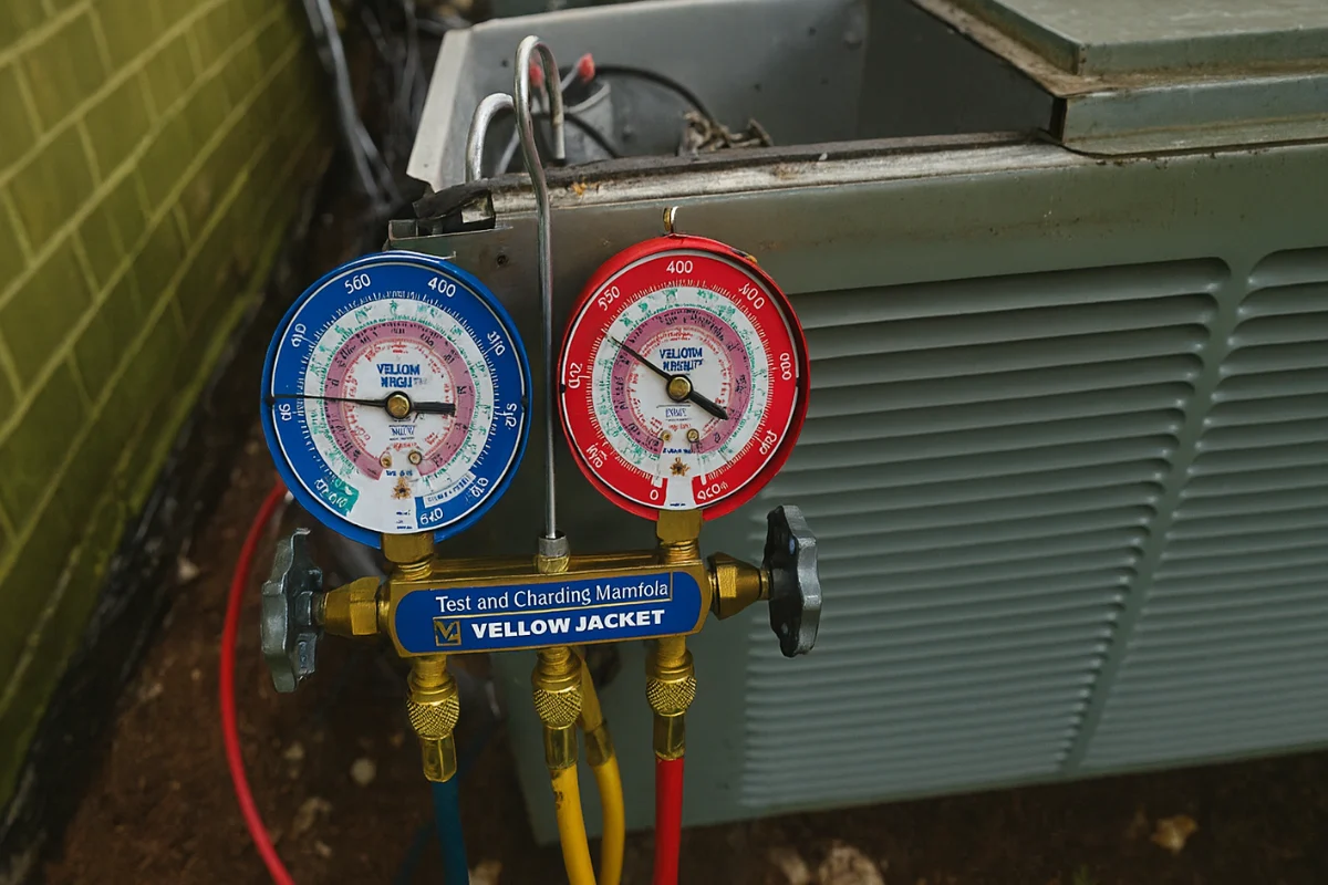 Refrigerant pressure gauges connected to an outdoor AC unit during diagnostic service, illustrating the work of an air conditioning contractor in Baltimore MD ensuring proper system performance