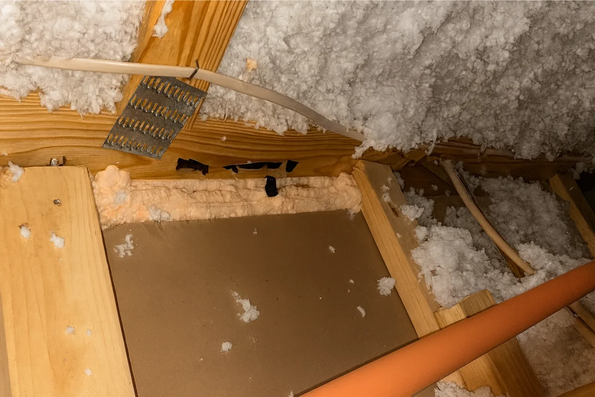 attic air sealing in Baltimore MD showing spray foam applied around framing and wiring to close gaps and prevent heat loss