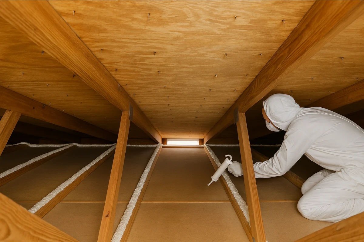Technician performing air sealing services in a Baltimore MD attic, applying spray foam along framing joints to reduce drafts and improve home energy efficiency.
