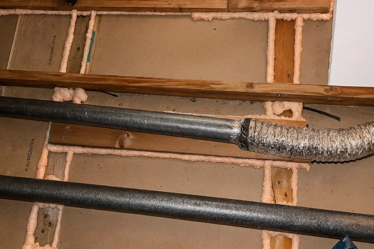 Air sealing services in Baltimore MD shown with foam applied around attic framing and ductwork to seal gaps and improve home energy efficiency.