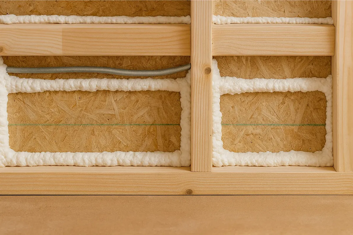 foam air sealing applied around wall framing and wiring during air sealing services in Baltimore MD, showing how gaps are sealed to improve home energy efficiency