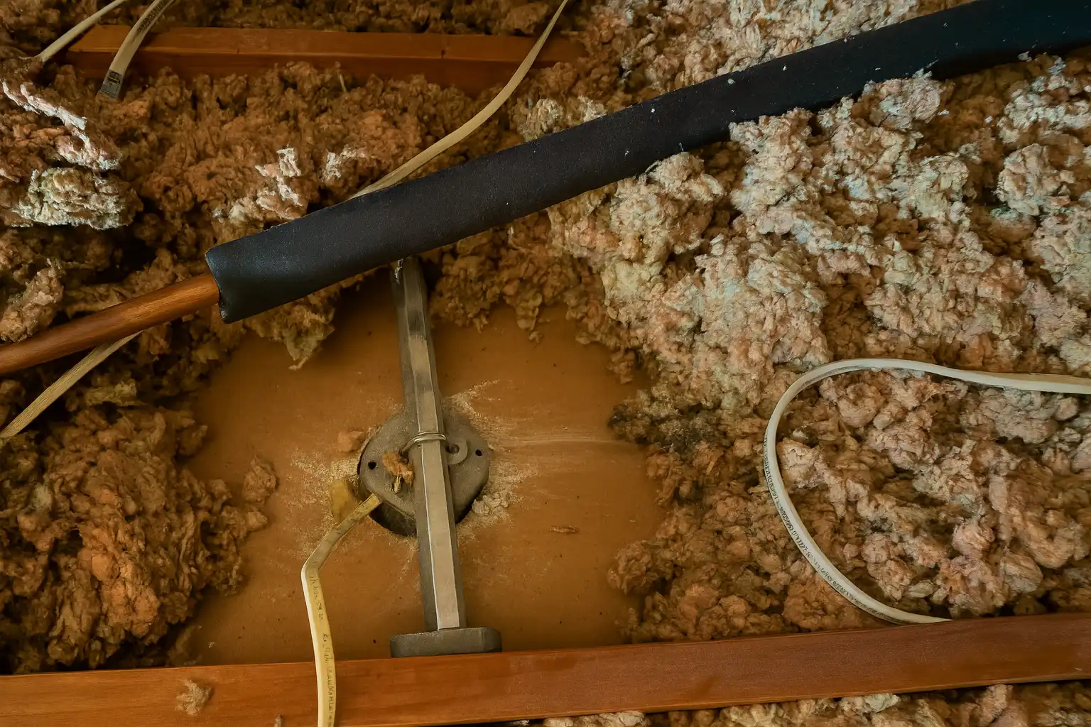 attic wiring penetration surrounded by loose insulation showing an area needing air sealing as part of energy efficiency upgrades in baltimore md