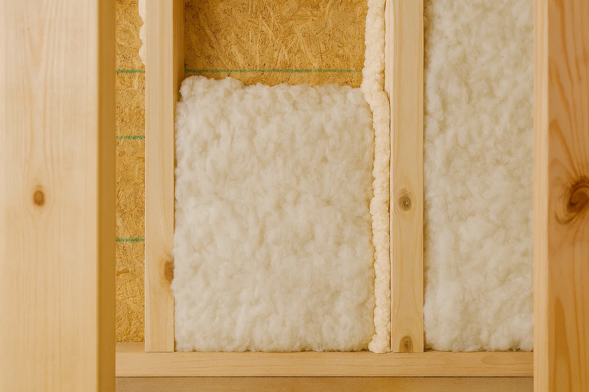 closeup of white fiberglass wall insulation fitted between wood studs during a home energy upgrade in baltimore md
