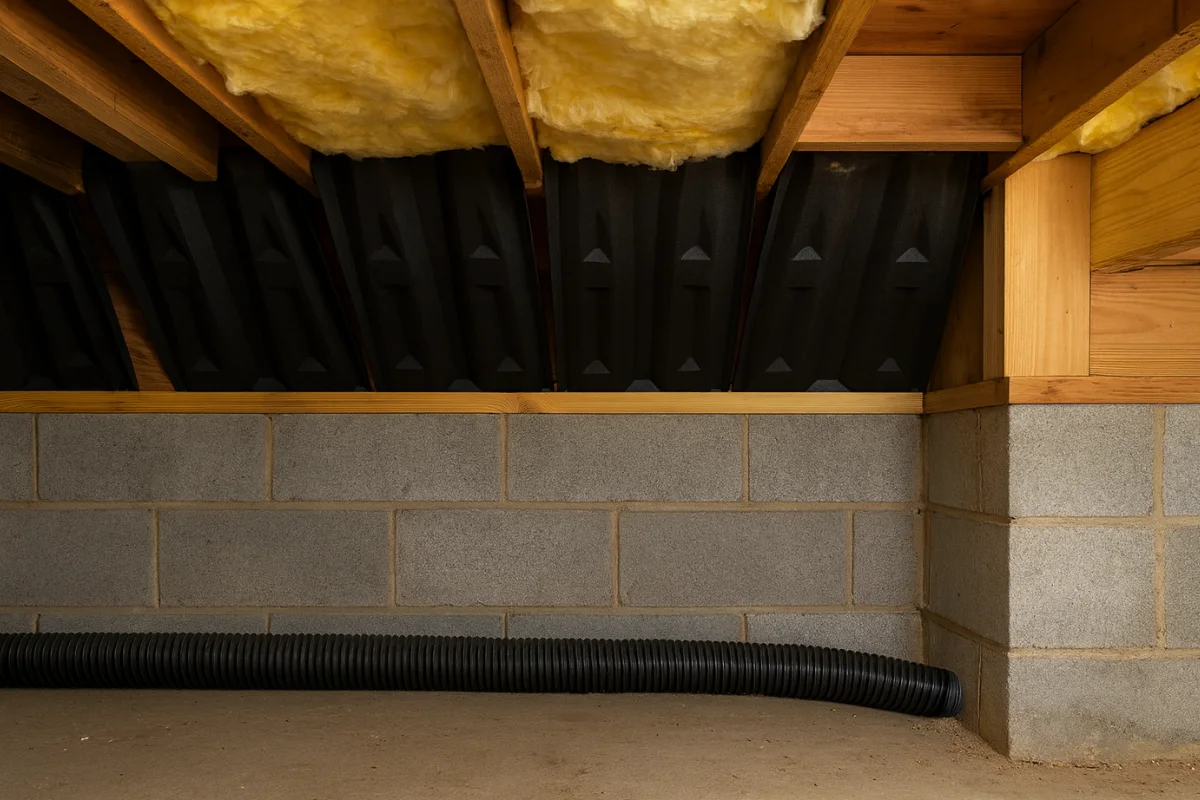 basement insulation in a baltimore md crawlspace showing fiberglass batts, ventilation baffles, and block foundation walls for improved energy efficiency