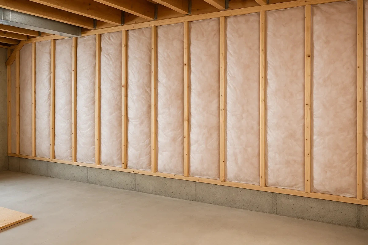 fiberglass batt insulation installed in framed basement walls of a baltimore md home to improve comfort and energy efficiency