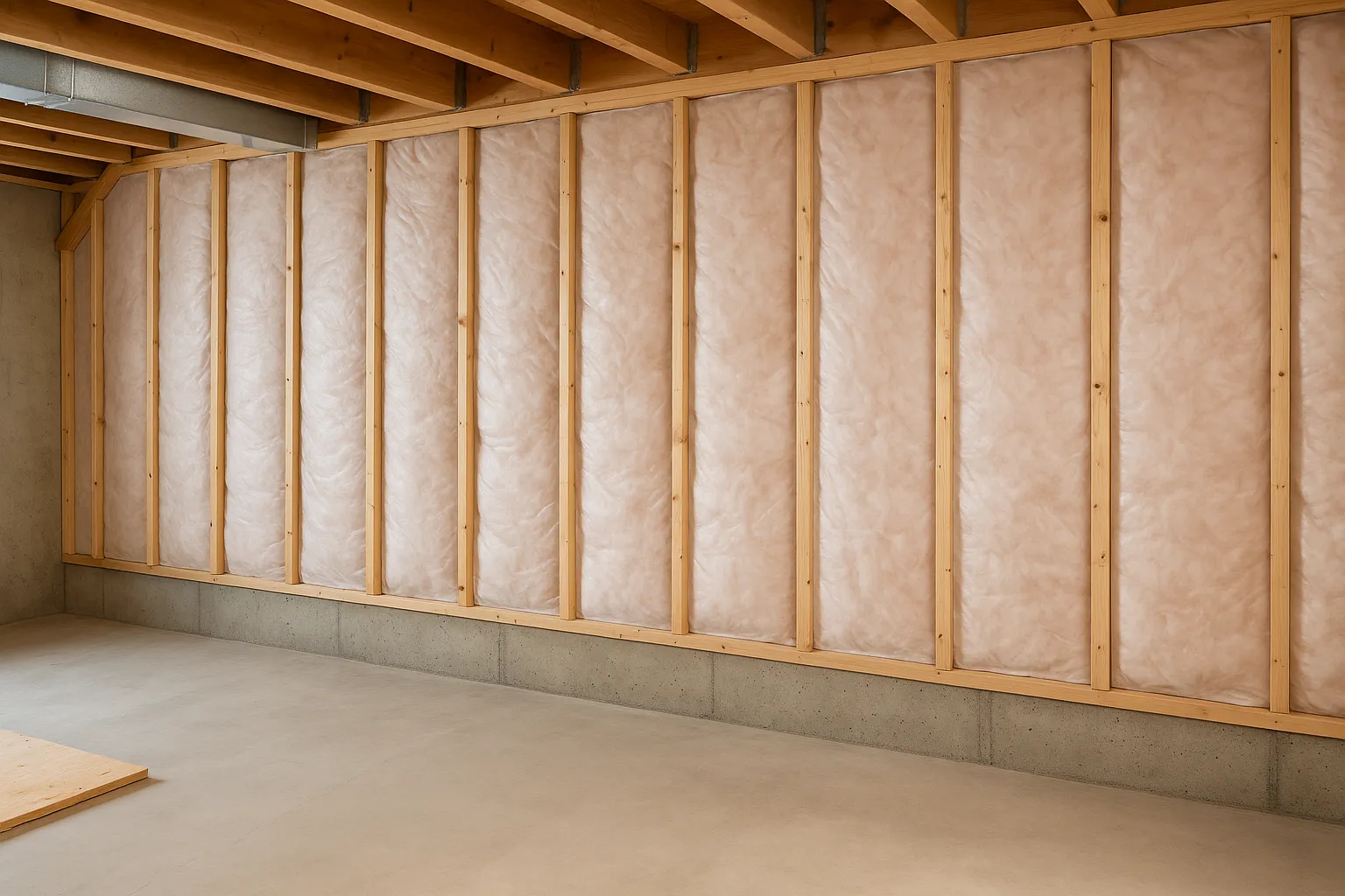Freshly installed fiberglass batt insulation along an unfinished basement wall, shown as part of work performed by an insulation contractor in Baltimore MD.
