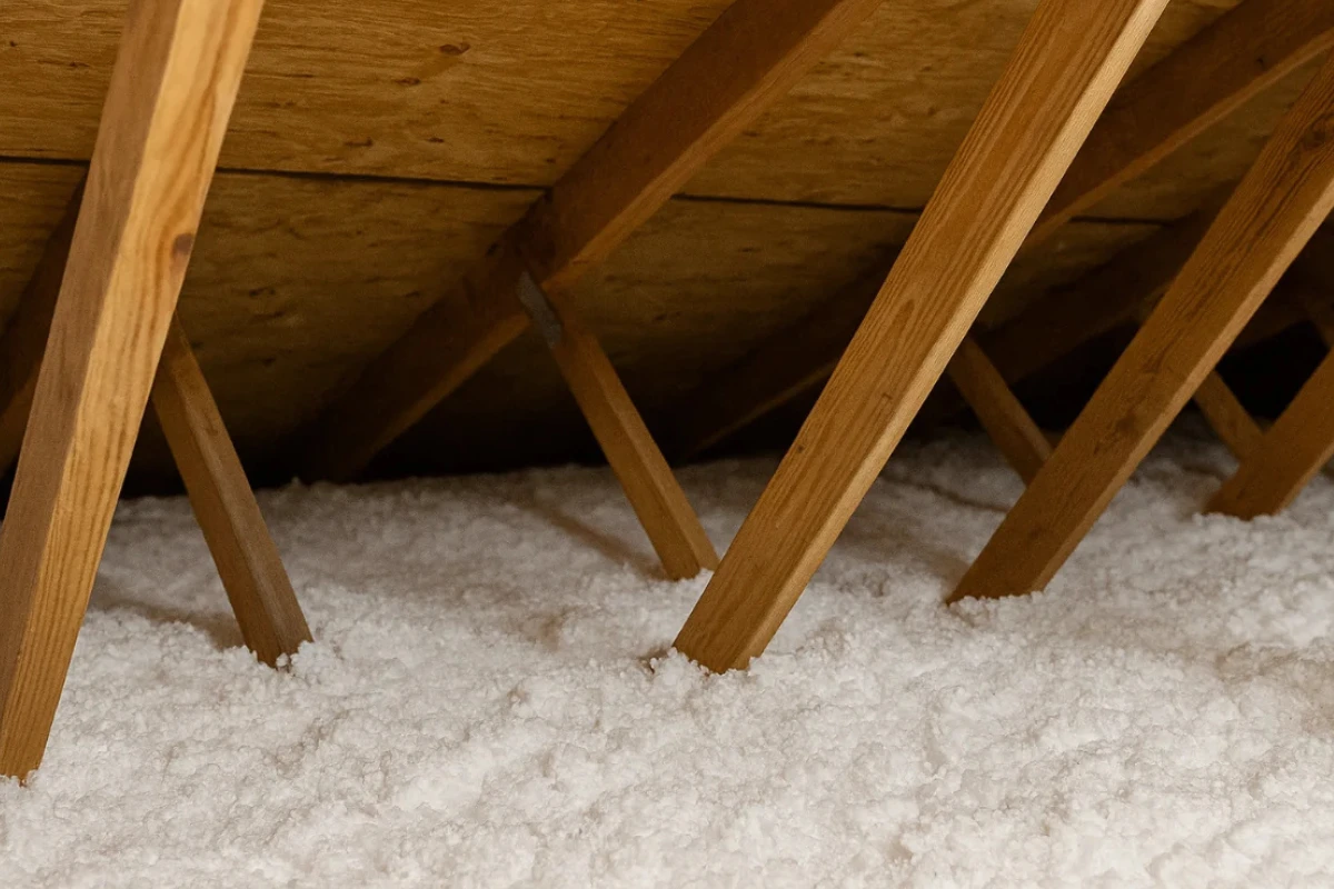 thick blown-in attic insulation installed by an insulation contractor in Overlea, shown beneath exposed wooden rafters