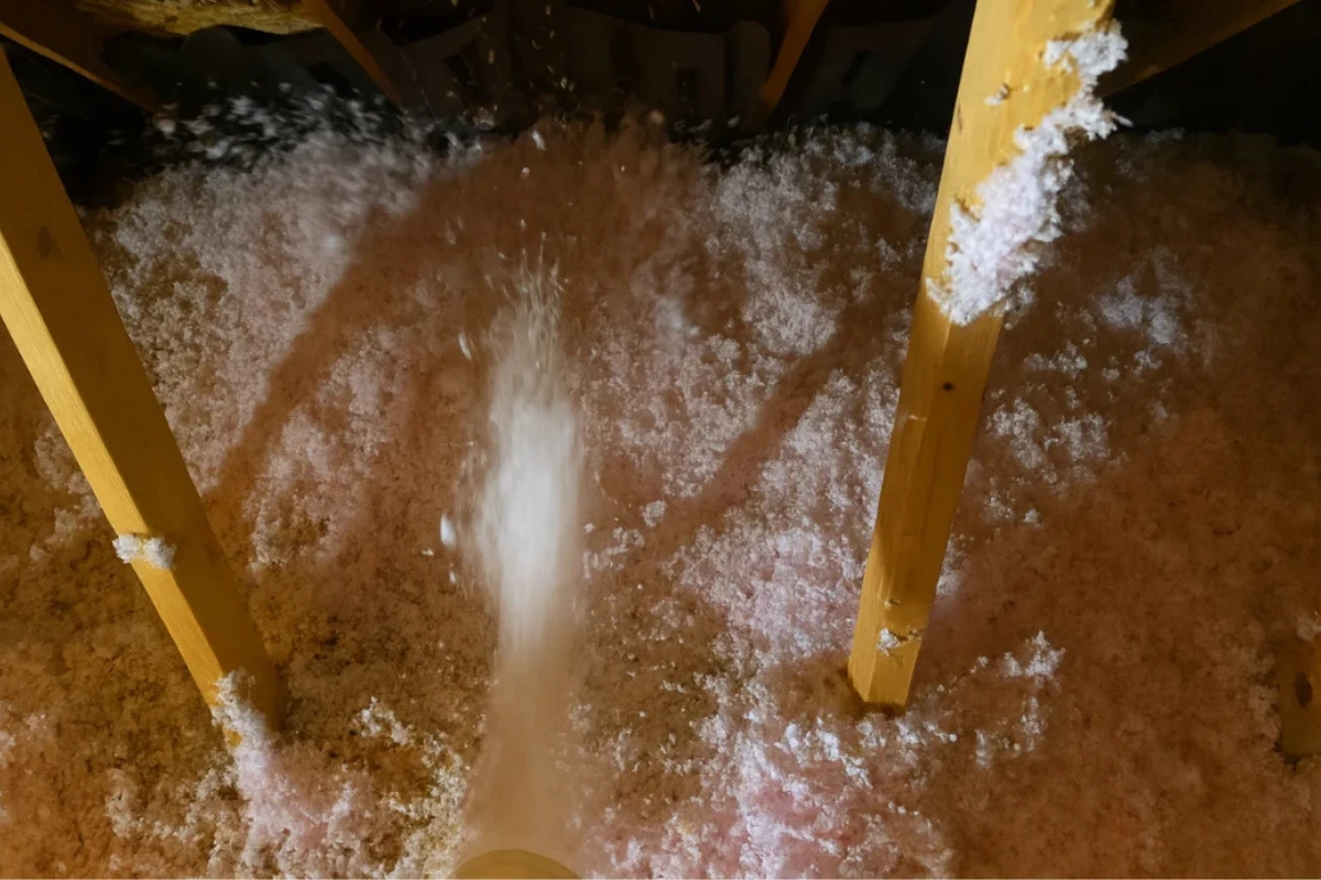 uneven blown-in insulation beneath attic rafters in a Dundalk home after work completed by a local insulation contractor