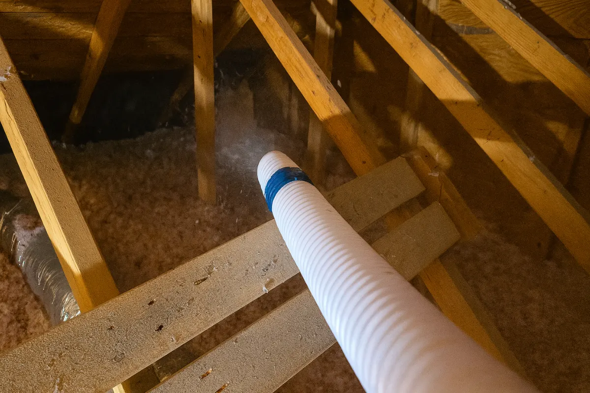 Technician blowing insulation between floor joists above a crawl space, showing materials and ductwork during a crawl space insulation project in Baltimore MD.