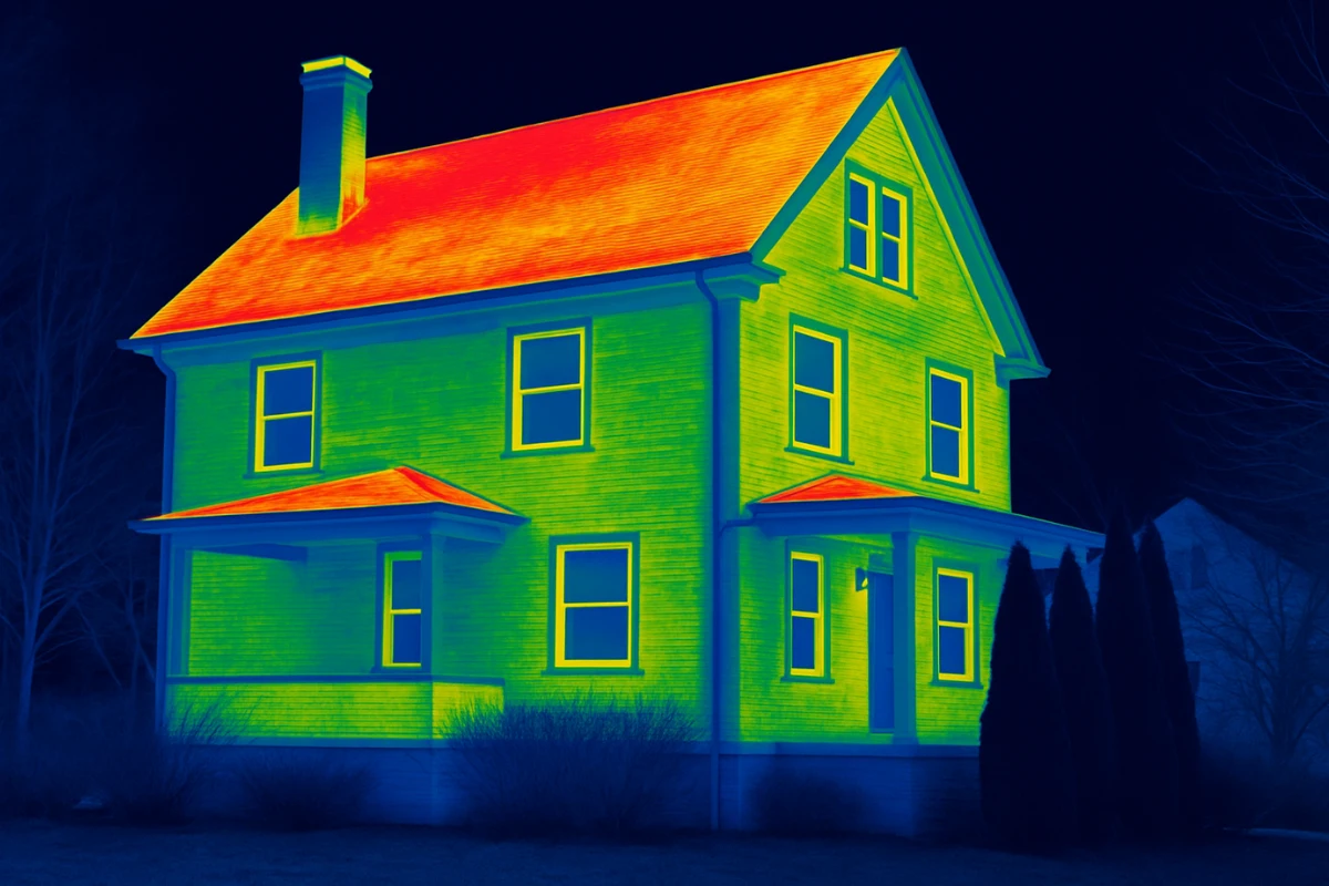 Thermal home scan showing heat loss patterns during an energy audit in Baltimore MD, highlighting areas of poor insulation on the roof and upper walls.
