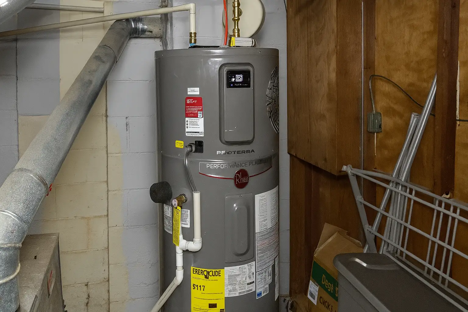 high efficiency heat pump water heater installed in a basement utility room as part of energy efficiency upgrades in baltimore md