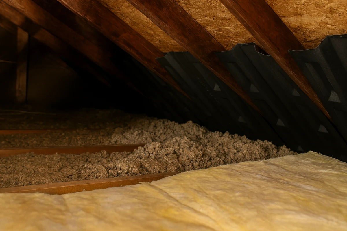 attic of an existing home in baltimore md showing older cellulose insulation alongside fiberglass batts and ventilation baffles, illustrating existing home insulation conditions