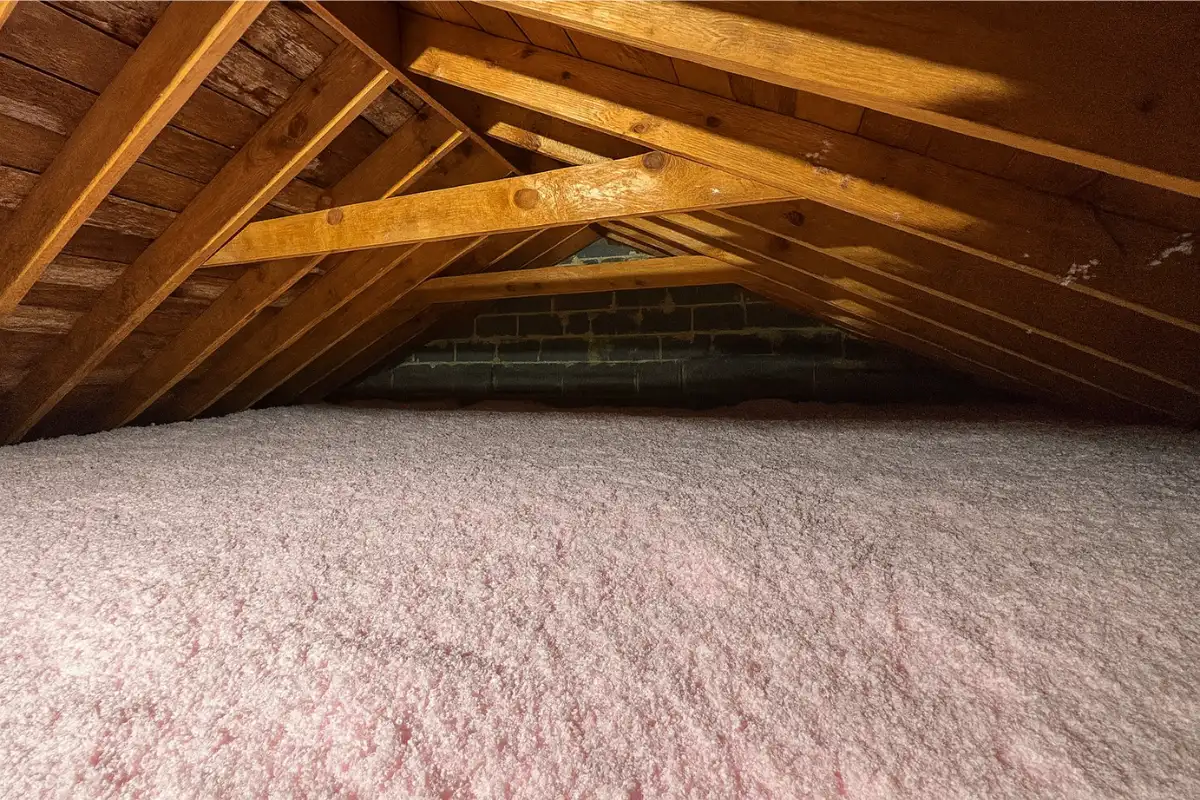 blown-in home insulation installed across an attic floor in baltimore md, showing a thick layer of pink fiberglass material improving energy efficiency and comfort