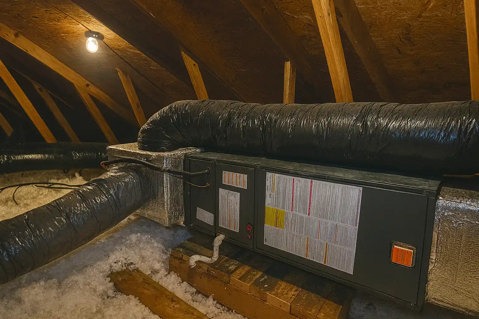 attic air handler and insulated ductwork serviced by an hvac contractor in baltimore md
