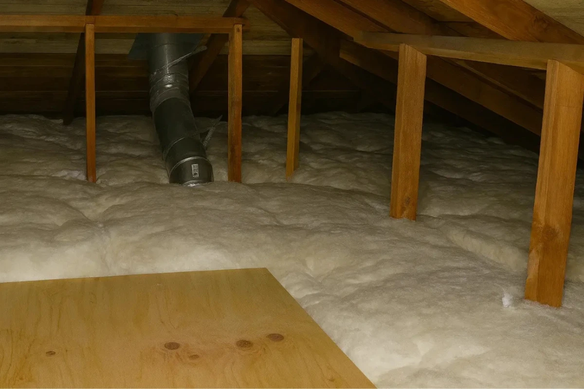 dark wooden rafters and dense blown-in insulation showing recent work by an experienced insulation contractor in Rosedale