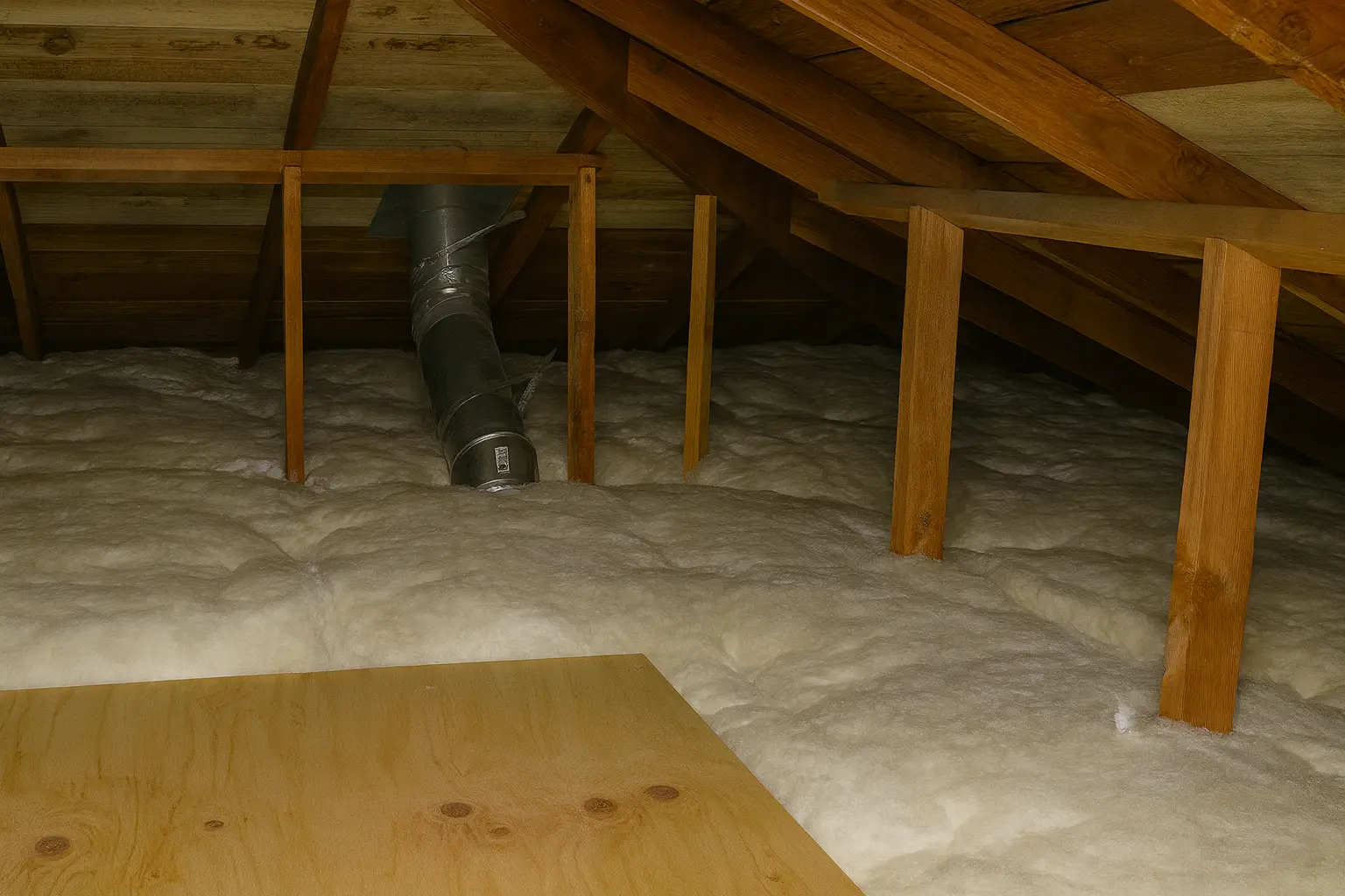 Attic inspection by an insulation contractor in Baltimore MD, assessing exposed joists and ventilation before adding insulation.