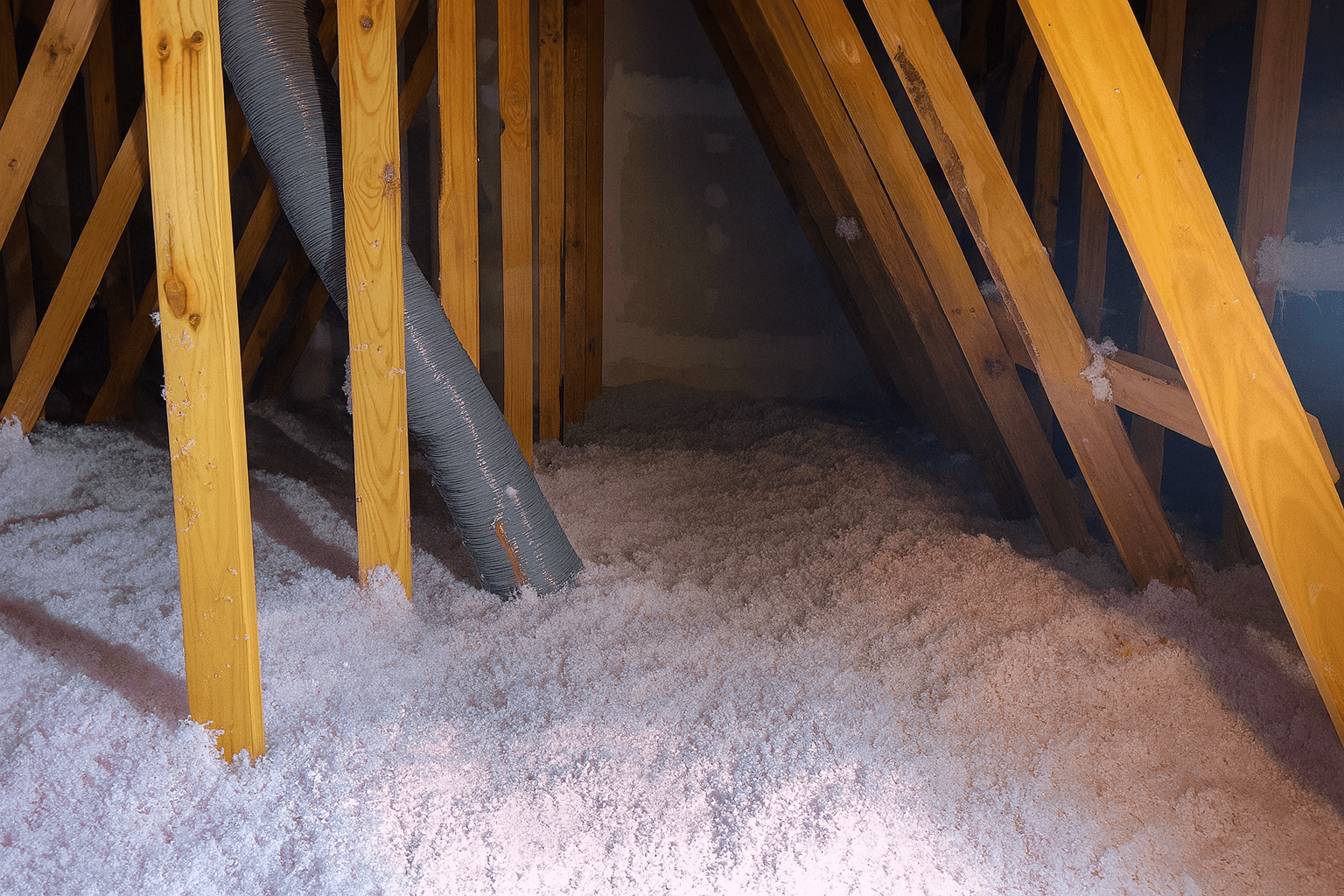 Blown-in attic insulation surrounding roof trusses in a Baltimore MD home, showing work typically completed by an insulation contractor.
