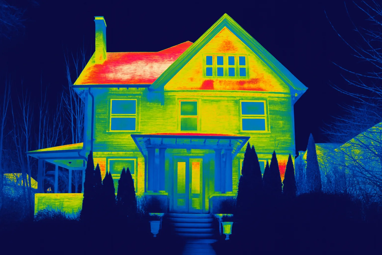 Thermal imaging scan of a home showing heat loss patterns, used by an insulation contractor in Baltimore MD to identify areas needing improved insulation.