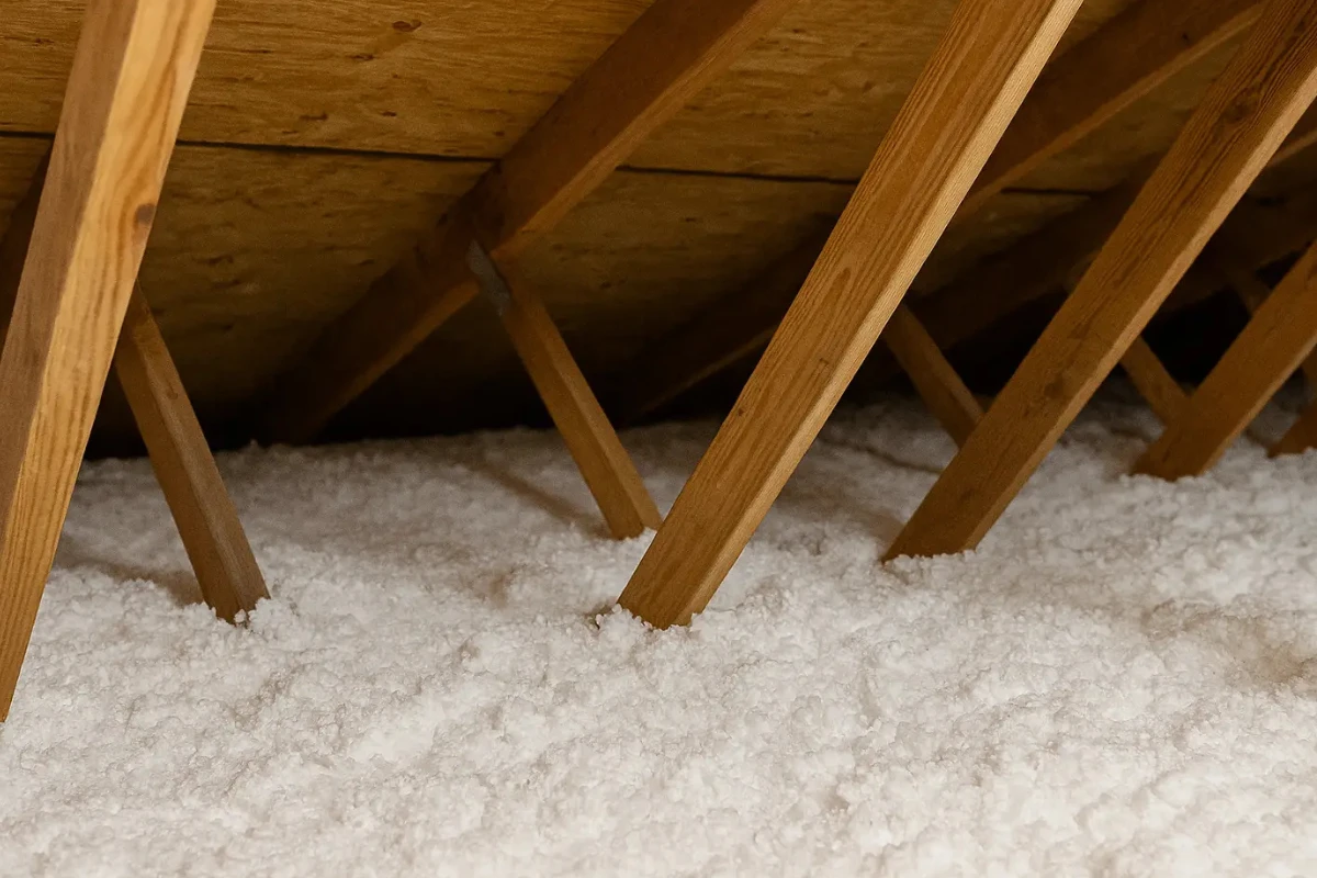 deep blown-in attic insulation installed beneath rafters by an insulation contractor in Bayview to boost home efficiency