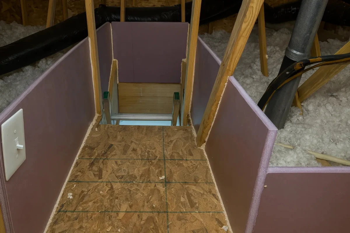 attic access hatch surrounded by rigid foam board insulation installed by an insulation contractor in Carney to improve energy efficiency