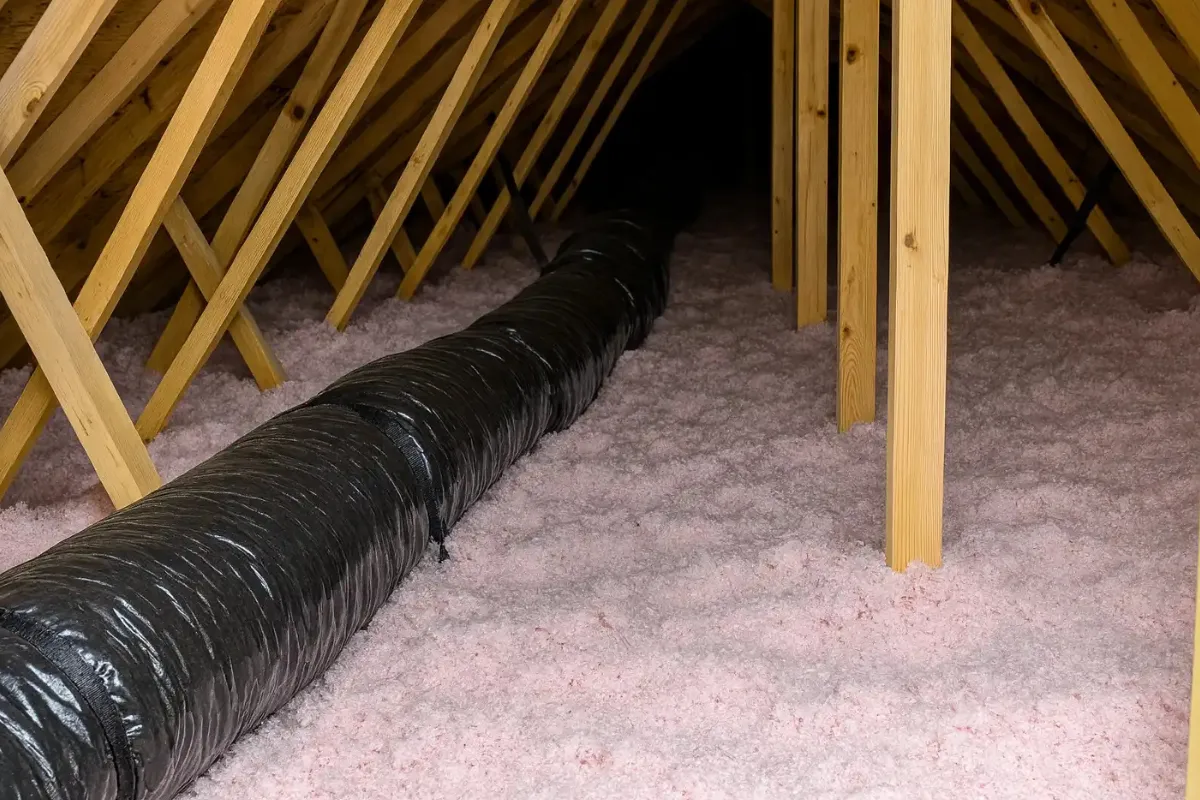 flexible hvac duct installed above blown-in attic insulation by an insulation contractor in Fells Point to improve home efficiency