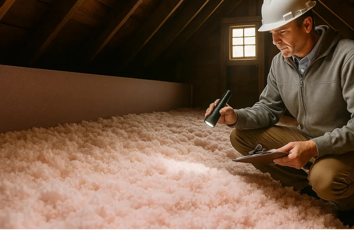 insulation contractor in Fells Point inspecting blown-in attic insulation with a flashlight to assess energy efficiency