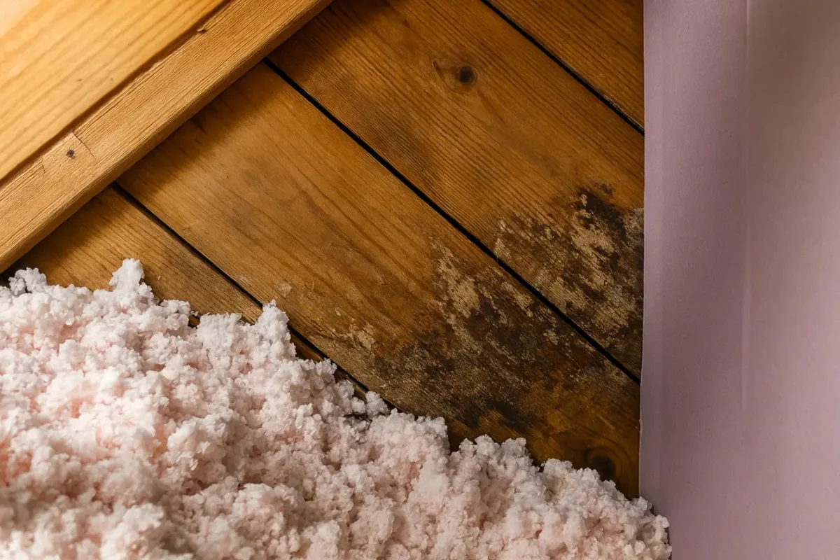 attic wood showing mold growth beside blown-in insulation identified during an insulation contractor inspection in Fells Point