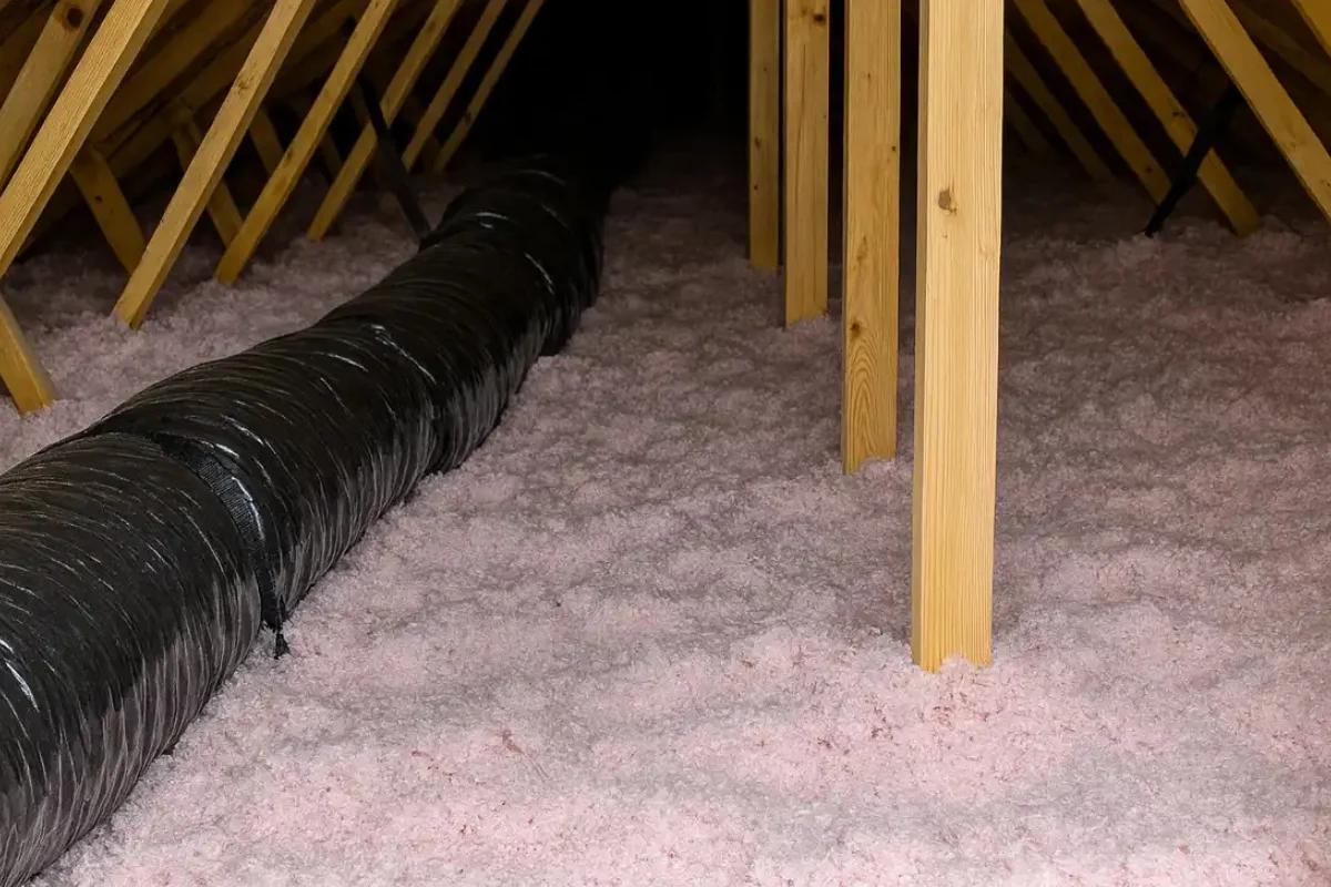 flexible hvac duct running through blown-in attic insulation installed by an insulation contractor in Hamilton to improve energy efficiency