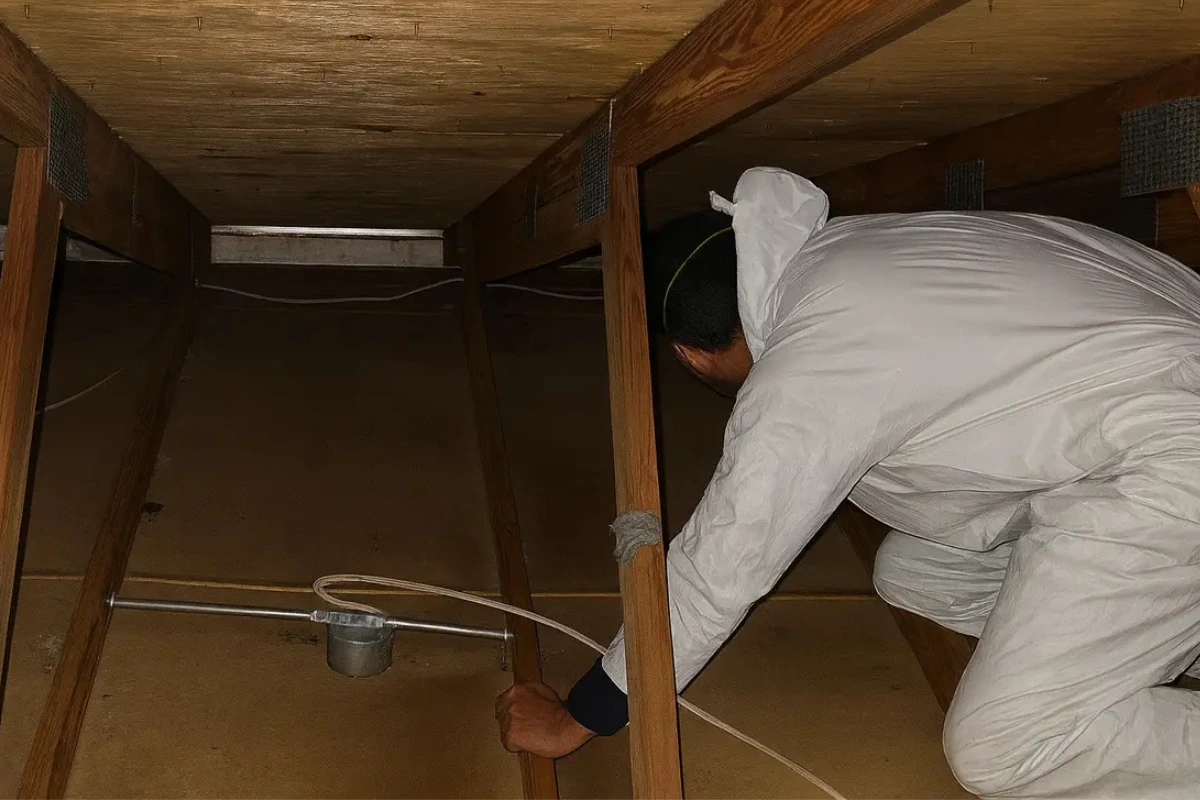 insulation contractor in Hamilton inspecting a tight attic space to assess insulation coverage and air sealing needs