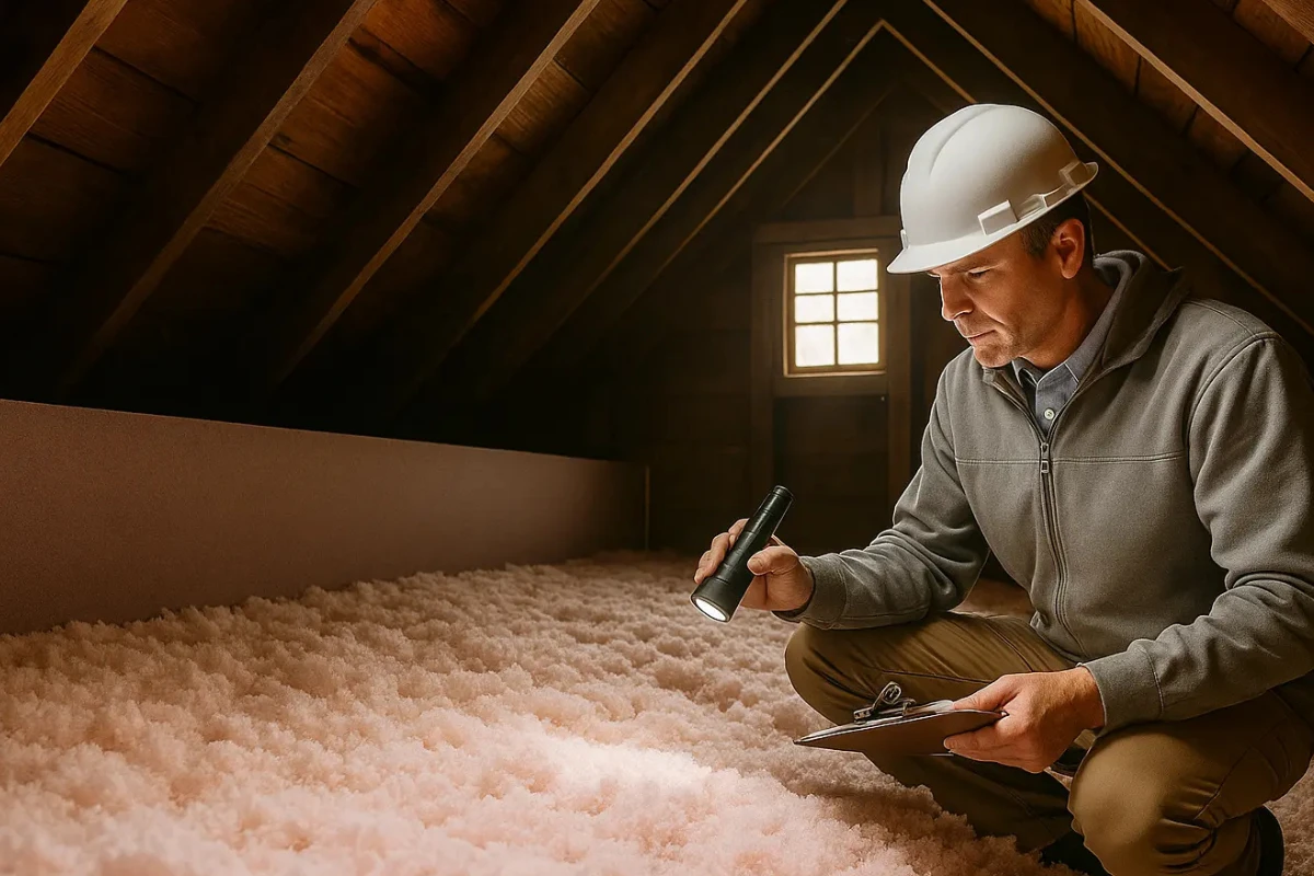 insulation contractor in Hampden inspecting blown-in attic insulation with a flashlight to assess energy efficiency and coverage