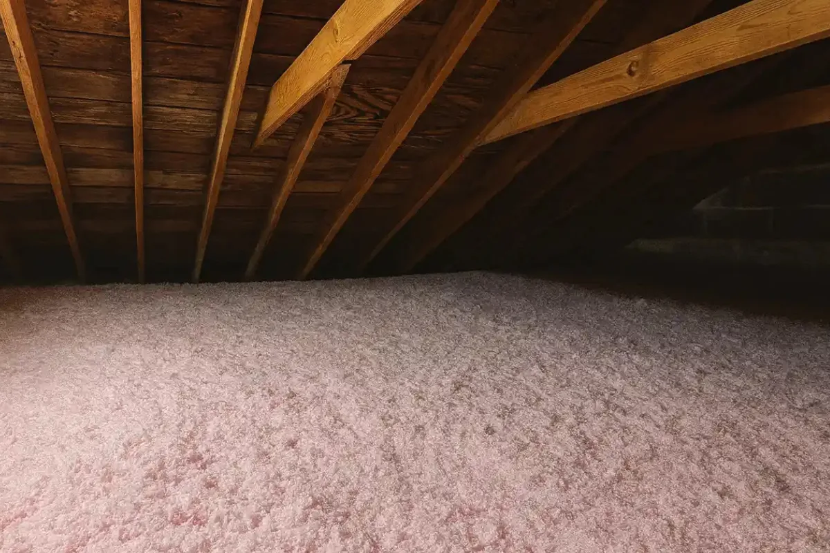 thick pink blown-in attic insulation installed by an insulation contractor in Middle River to improve home energy efficiency