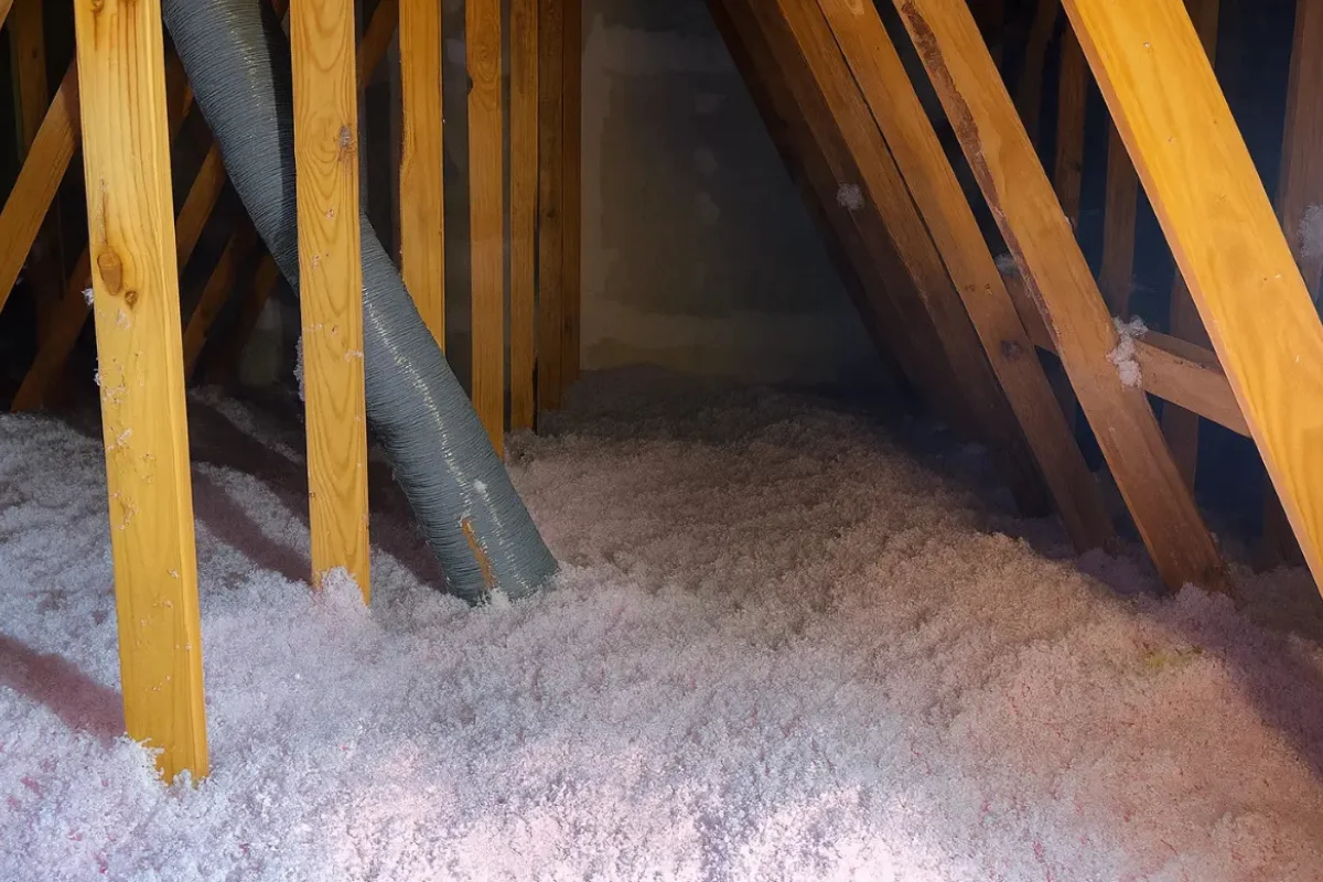 blown-in attic insulation installed by an insulation contractor in Parkville, showing fresh loose-fill material across the attic floor