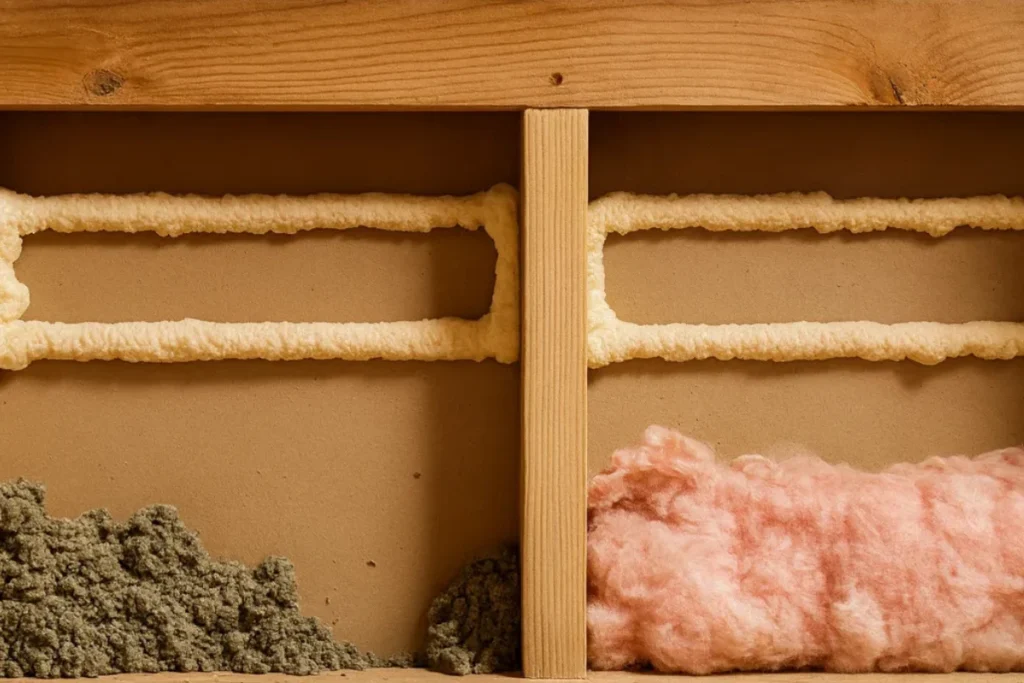spray foam, cellulose, and fiberglass insulation displayed in a wall cutaway by an insulation contractor in Perry Hall