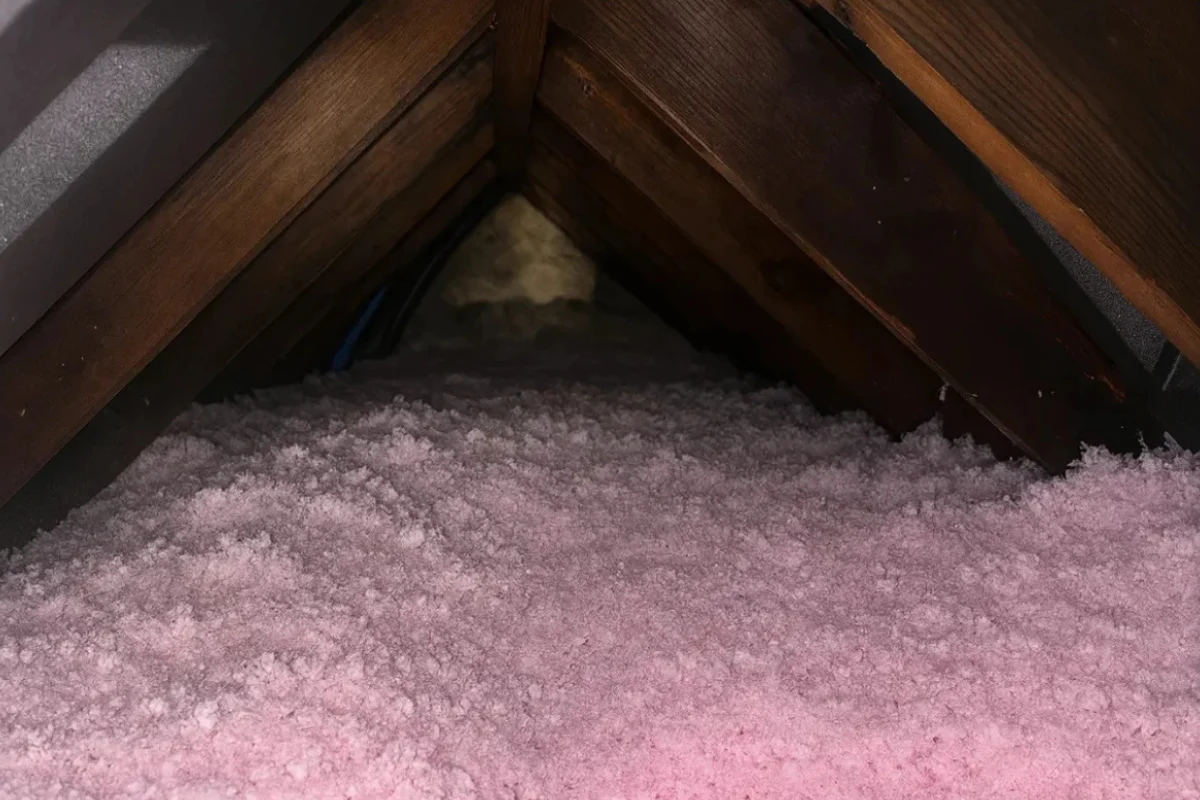blown-in attic insulation installed by an insulation contractor in Towson, showing a thick layer of material across attic flooring