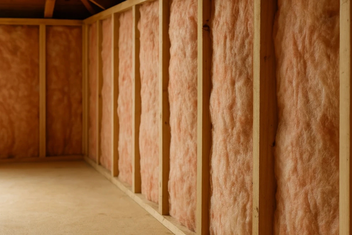 fiberglass batt insulation installed between wall studs by an insulation contractor in Woodlawn to improve home efficiency