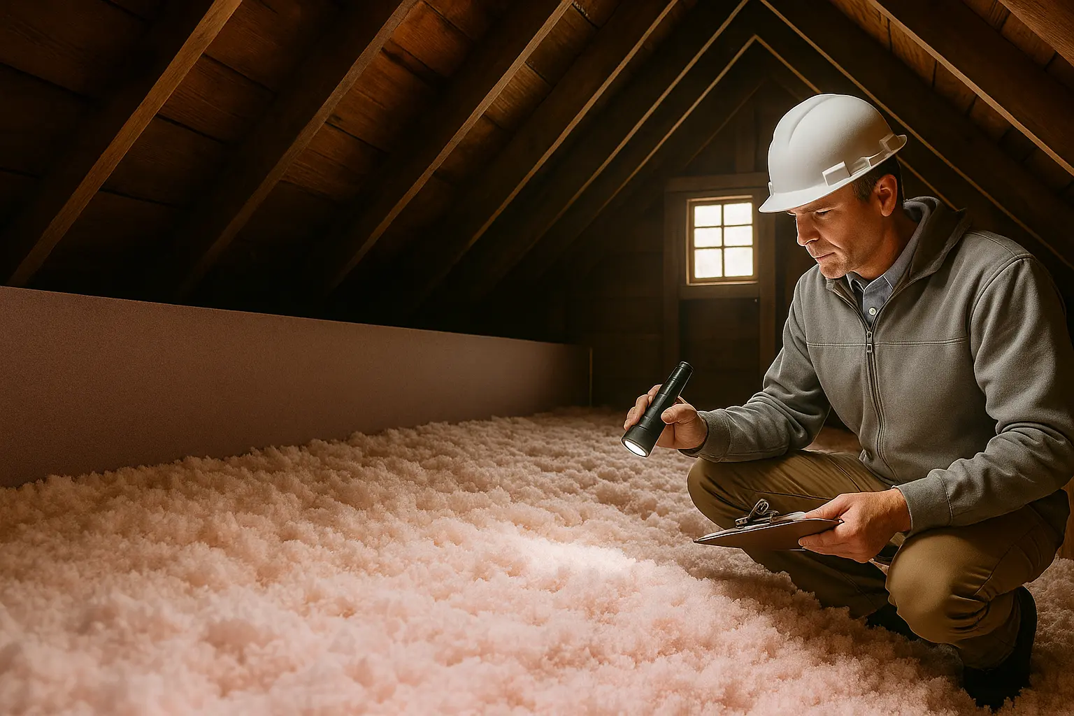 technician performing an insulation inspection in a baltimore md attic, examining blown-in insulation with a flashlight and clipboard