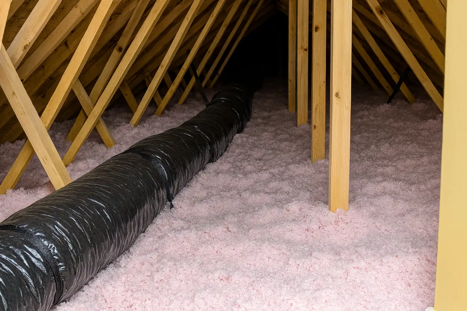 attic with blown-in insulation and a long insulated hvac duct, showing conditions typically evaluated during an insulation inspection in baltimore md