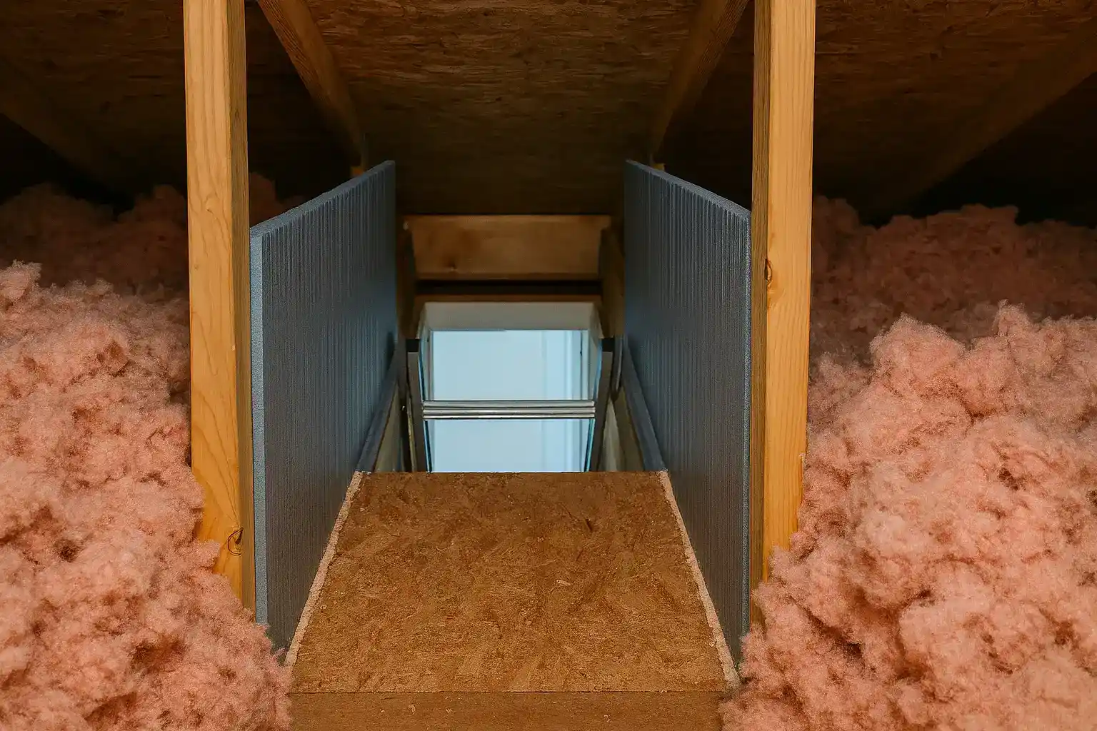 attic access area with old pink insulation piled around the entry point during an insulation removal project in baltimore md