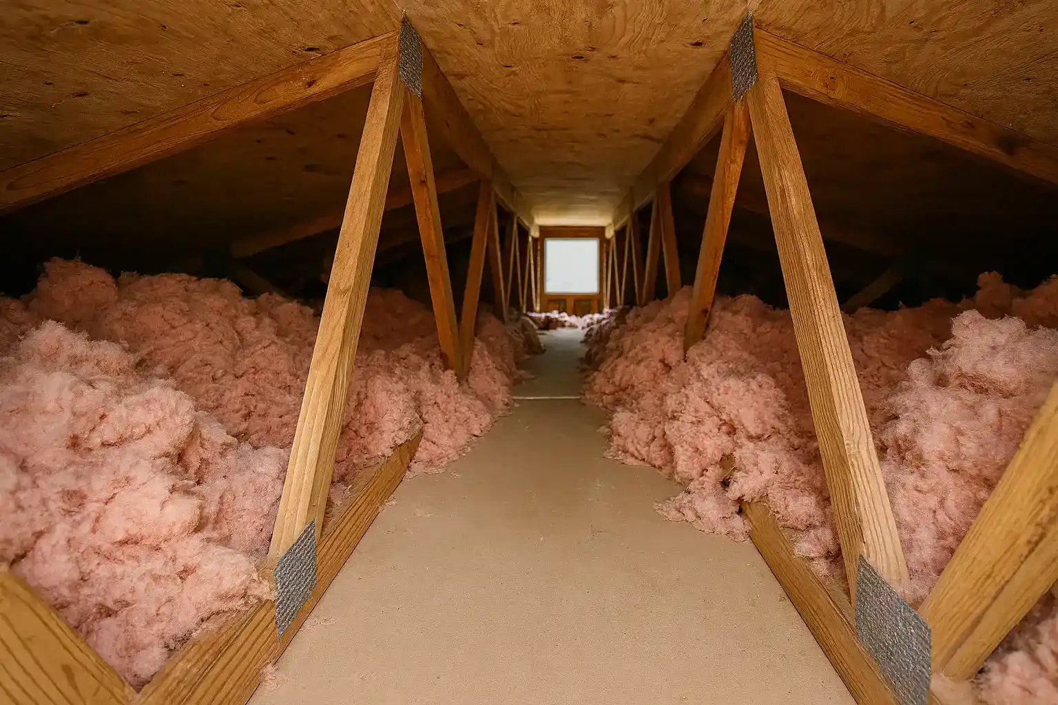 attic with old pink fiberglass insulation piled along the joists before insulation removal work begins in baltimore md
