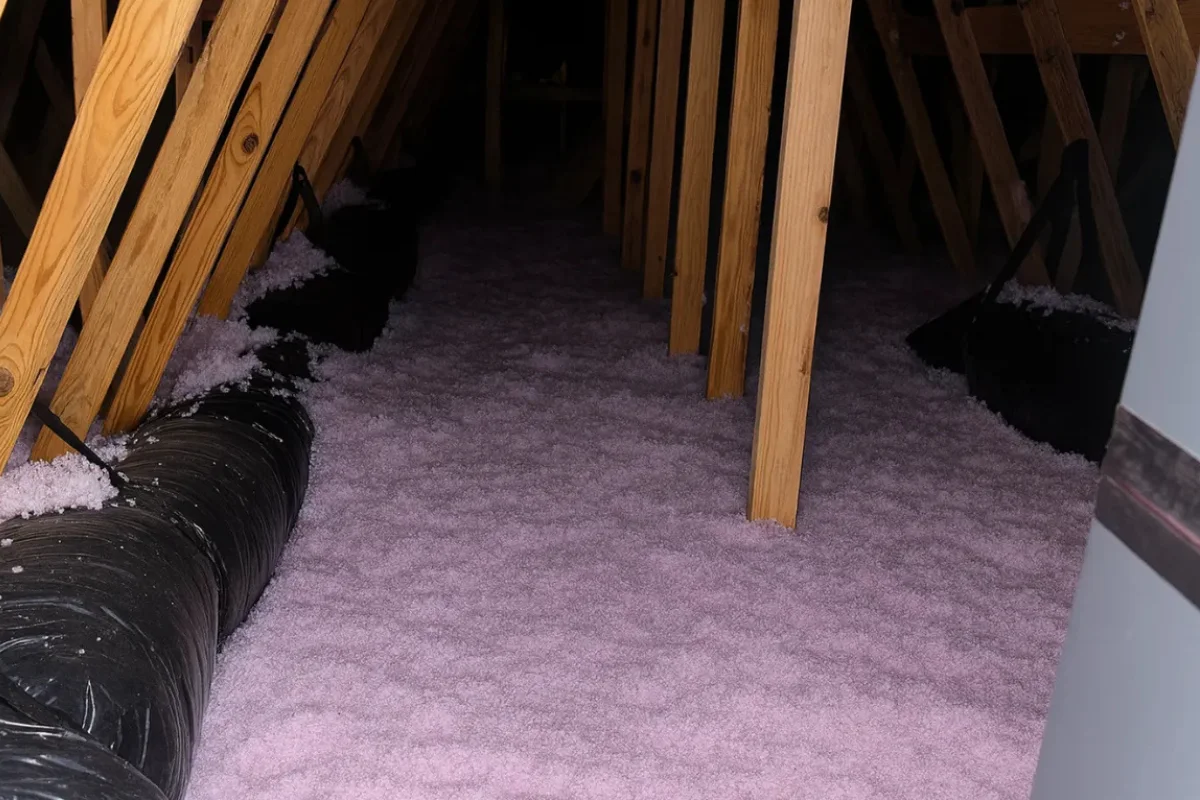 attic space in Parkville with exposed rafters and newly added blown-in insulation applied by a local insulation contractor