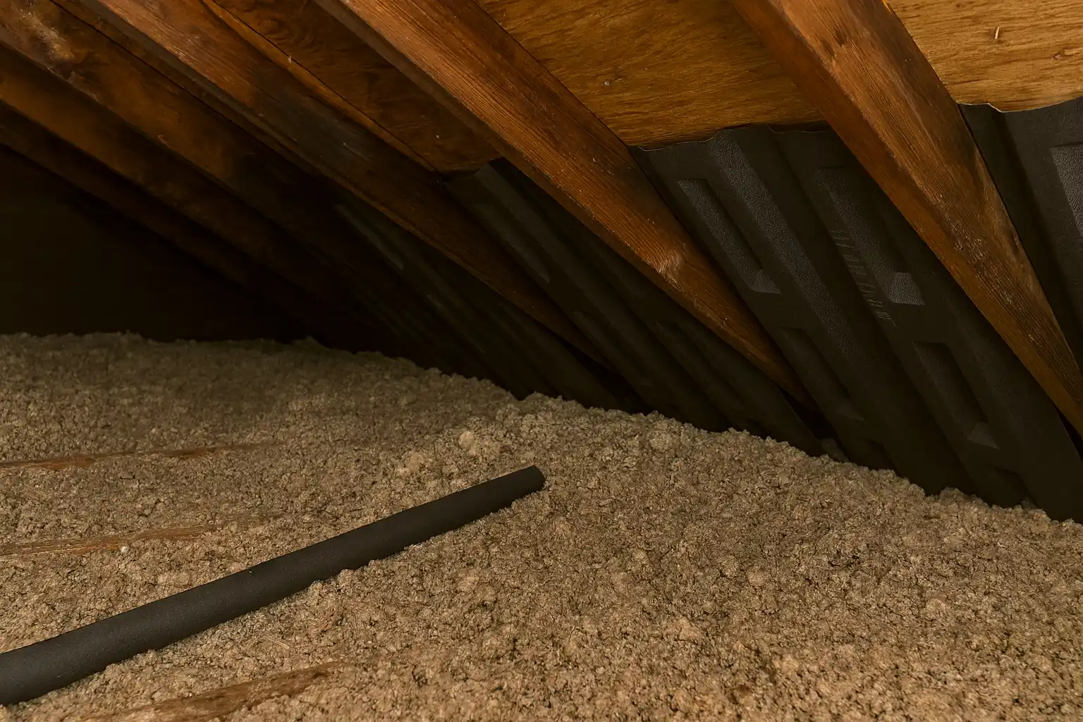 retrofit insulation in a baltimore md attic showing loose-fill insulation and installed ventilation baffles to maintain airflow and improve energy efficiency