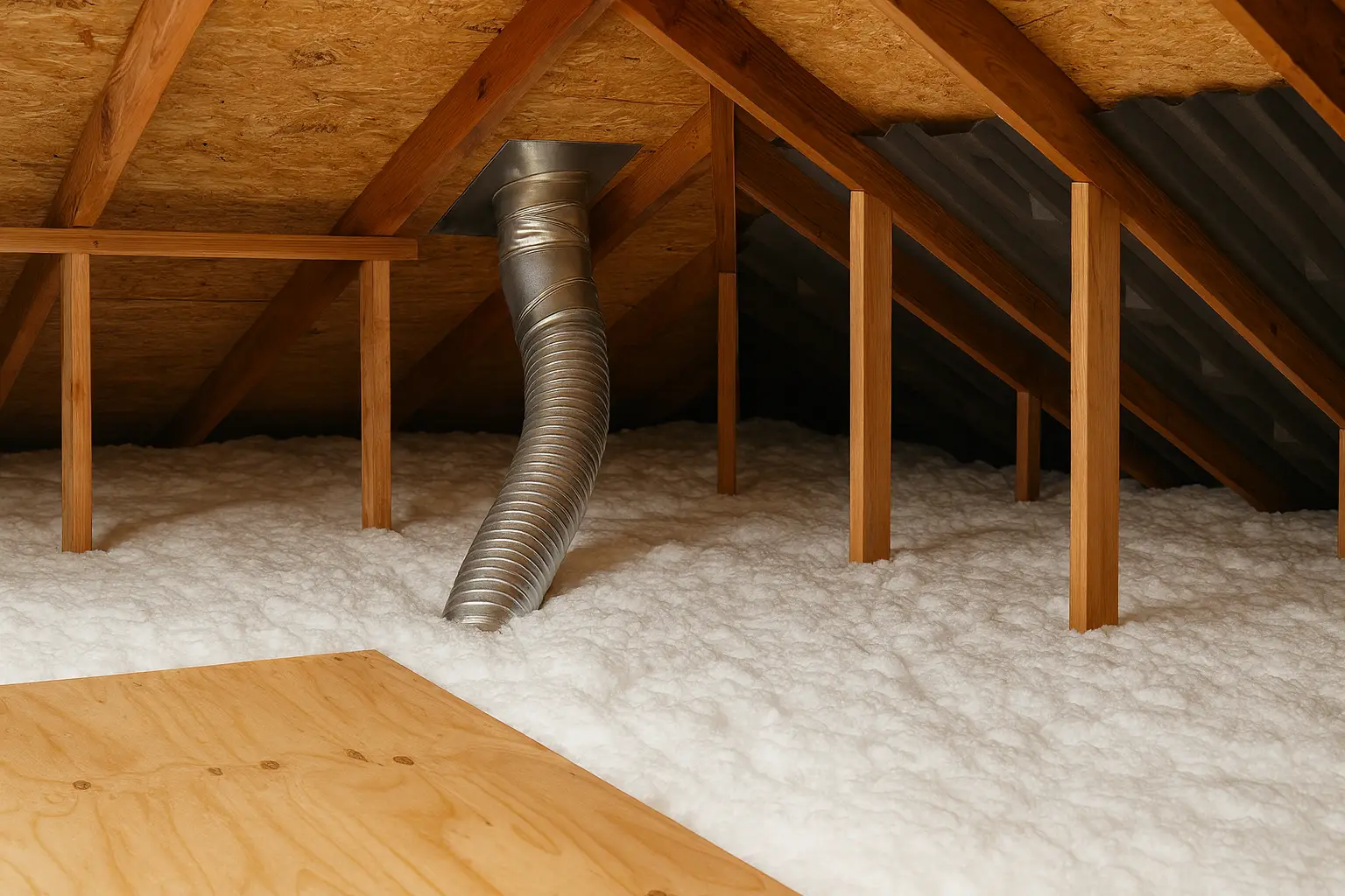 attic with fresh blown-in insulation and metal ductwork showing a retrofit insulation upgrade in baltimore md for better energy efficiency