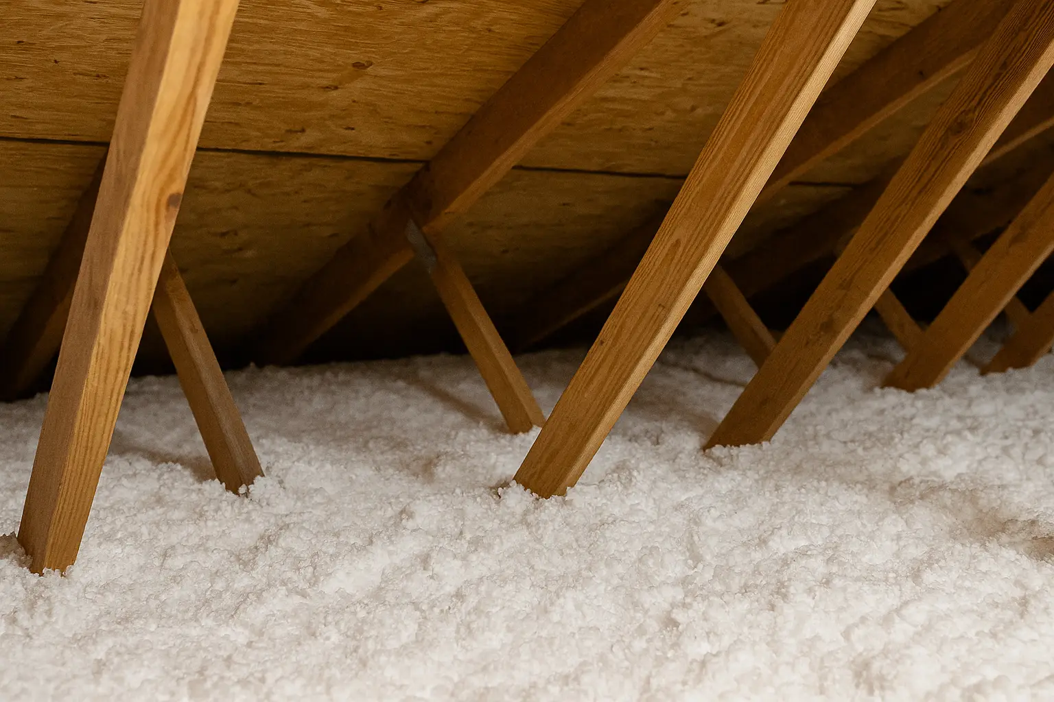 blow-in retrofit insulation in a baltimore md attic, showing fresh loose-fill material installed between roof trusses to improve home energy efficiency