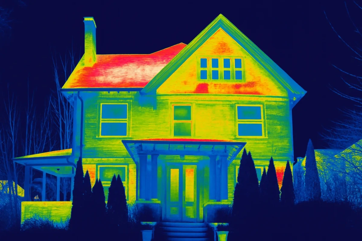 thermal imaging showing heat loss patterns during a home energy audit in Baltimore MD, highlighting areas where insulation improvements may be needed