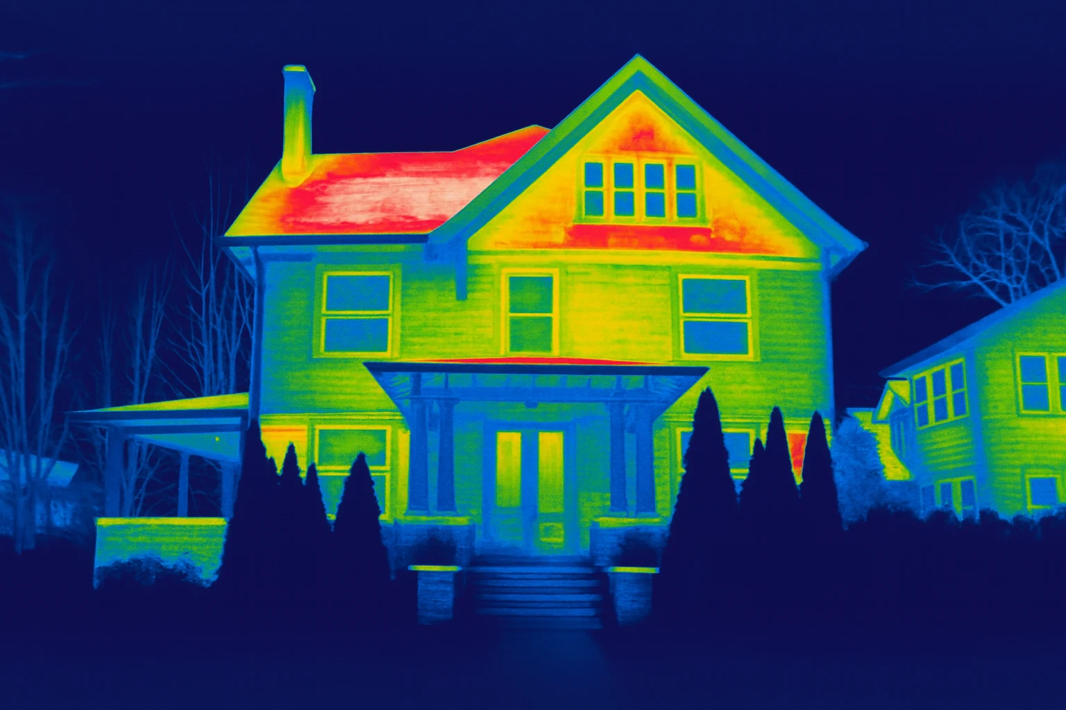 thermal imaging inspection showing heat loss patterns on a home’s exterior, illustrating temperature differences during an energy evaluation in baltimore md