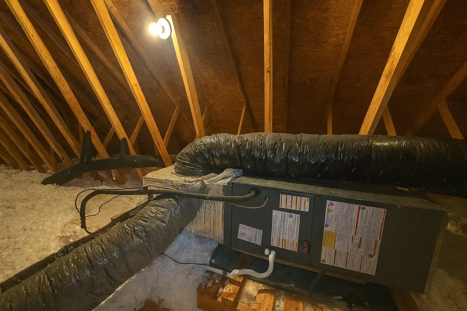 attic hvac air handler with flexible ductwork surrounded by insulation, a common area inspected and improved during weatherization services in baltimore md