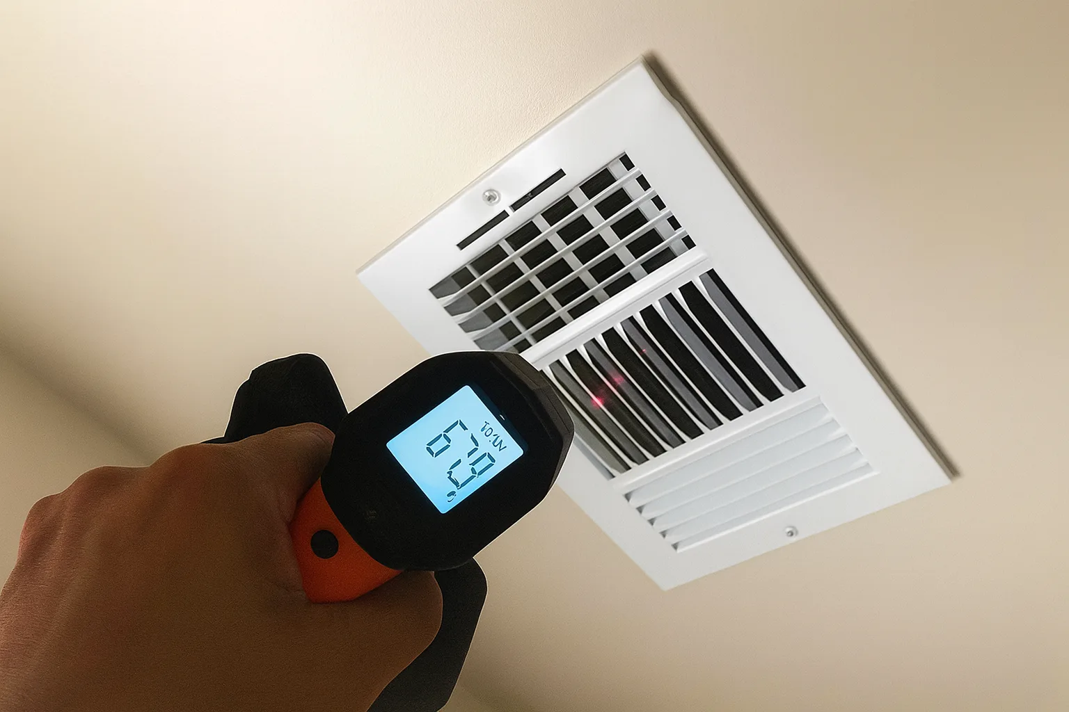 technician using an infrared thermometer to check temperature at an hvac ceiling vent during weatherization services in baltimore md
